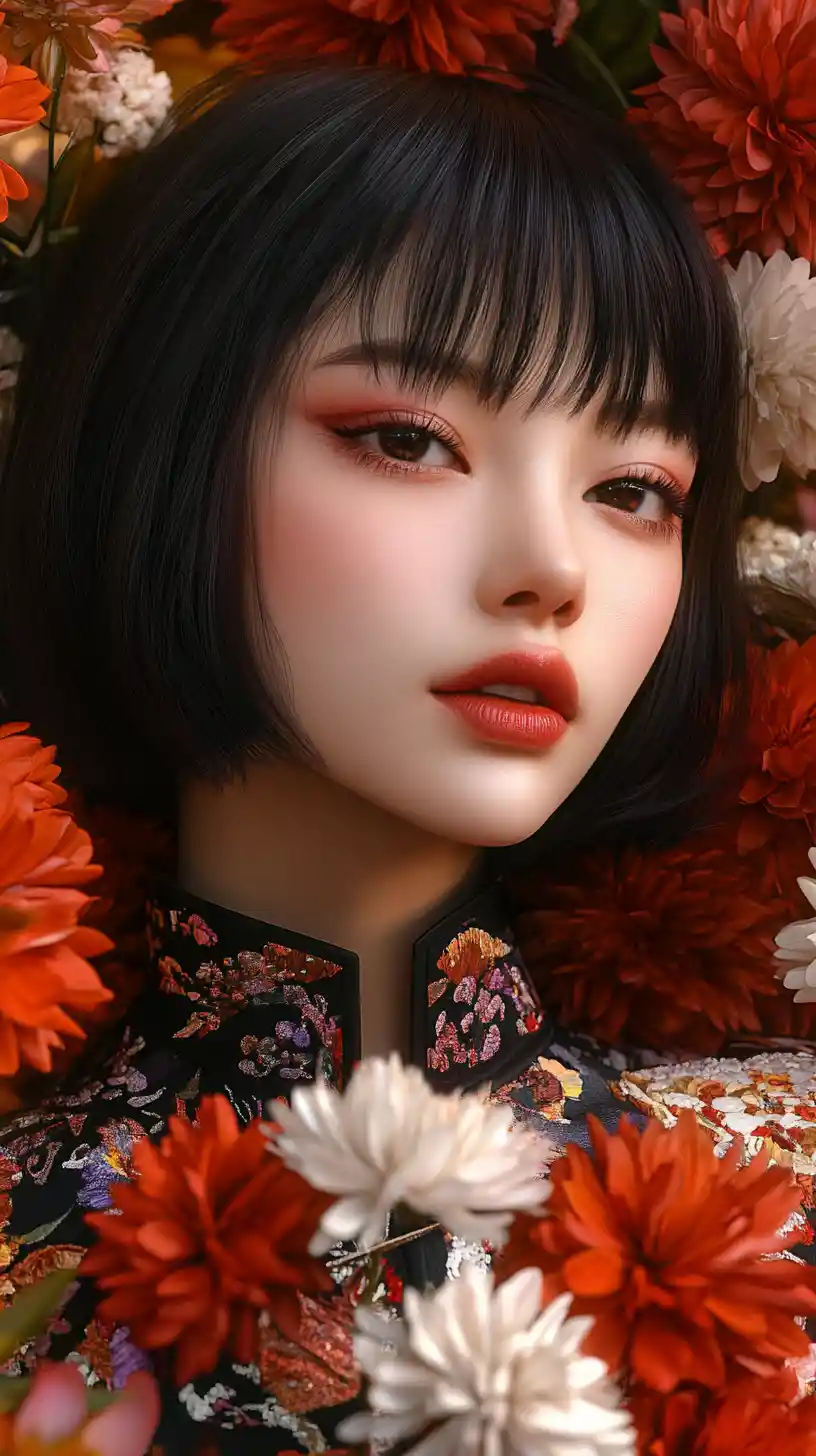 Elegant anime woman in patterned jacket with flowers