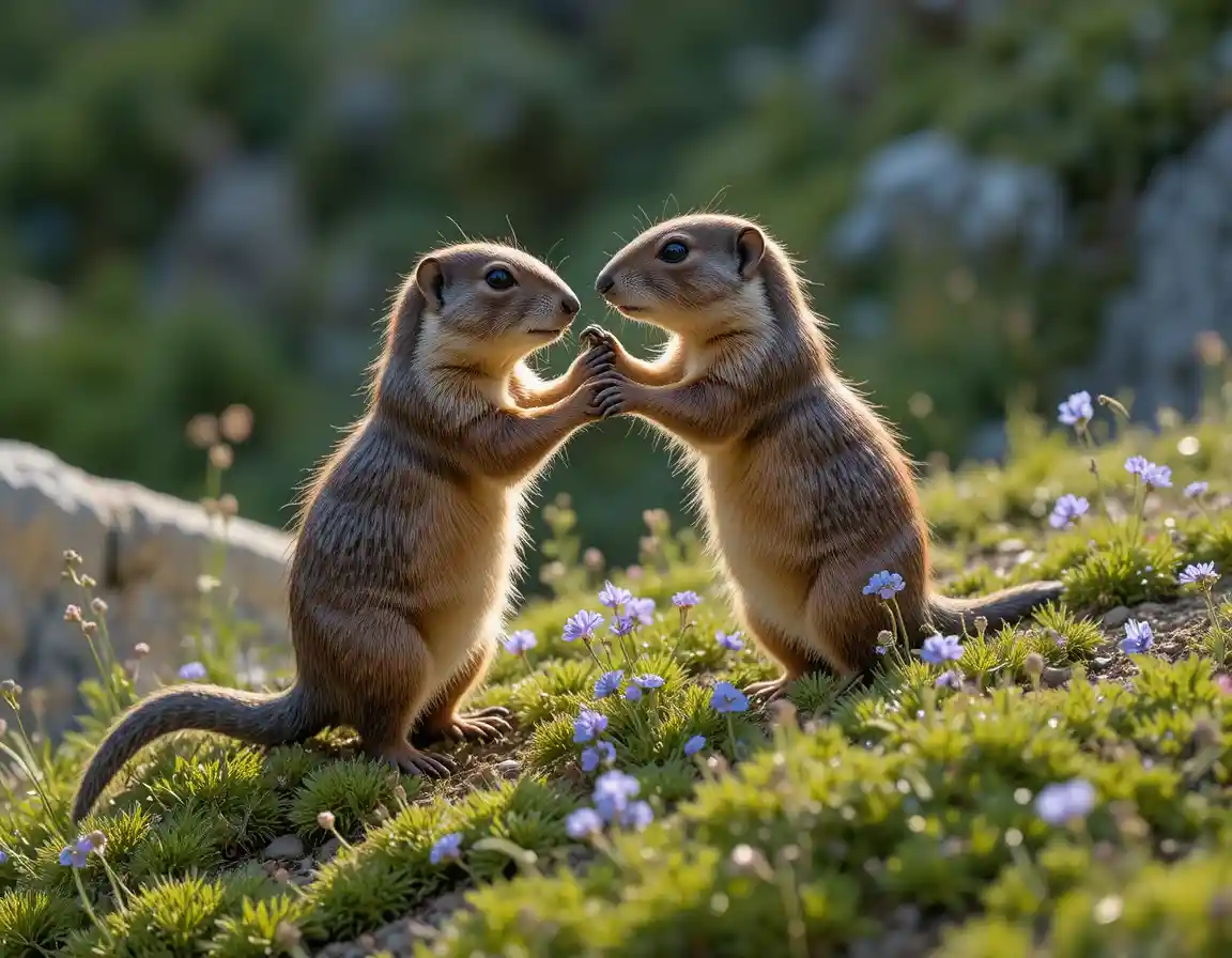Two marmots standing face to face on a grassy slope