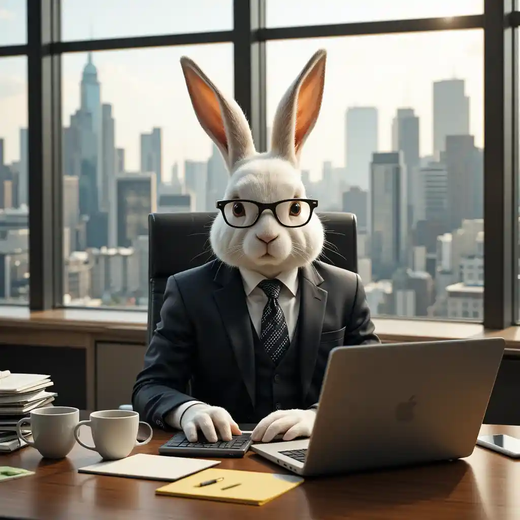 Realistic white rabbit in a business suit working at laptop