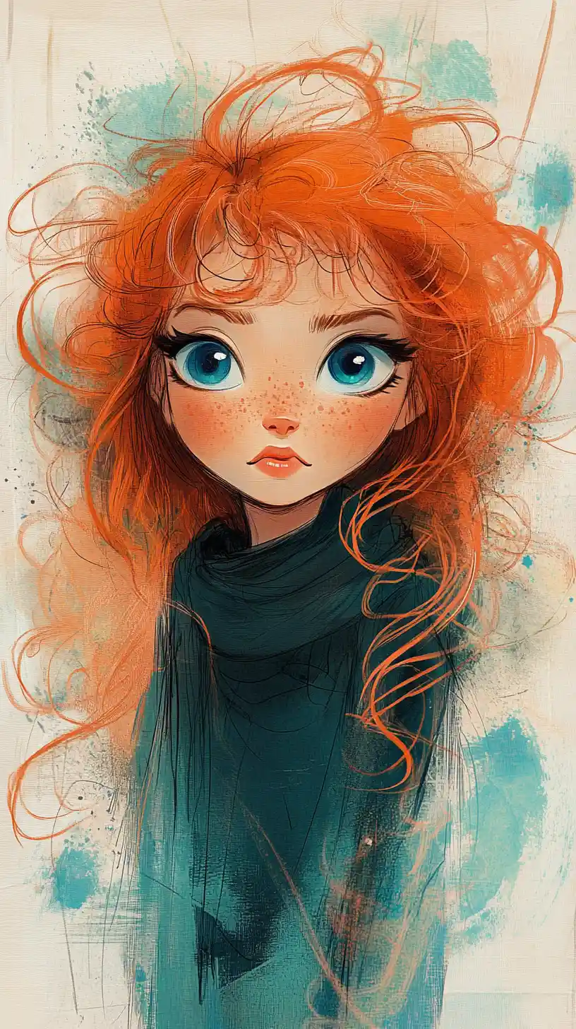 Dreamy red haired girl portrait with blue expressive eyes