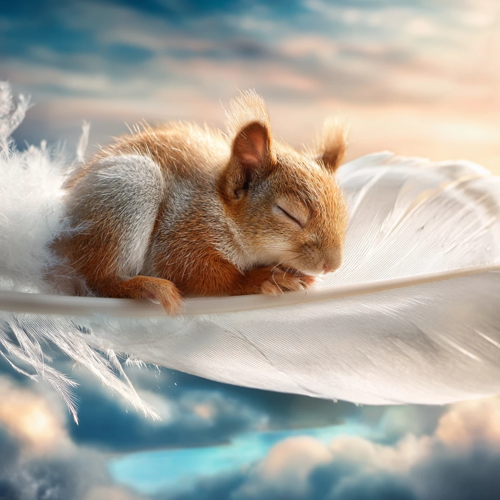 Tiny baby squirrel sleeping on a white feather in the sky