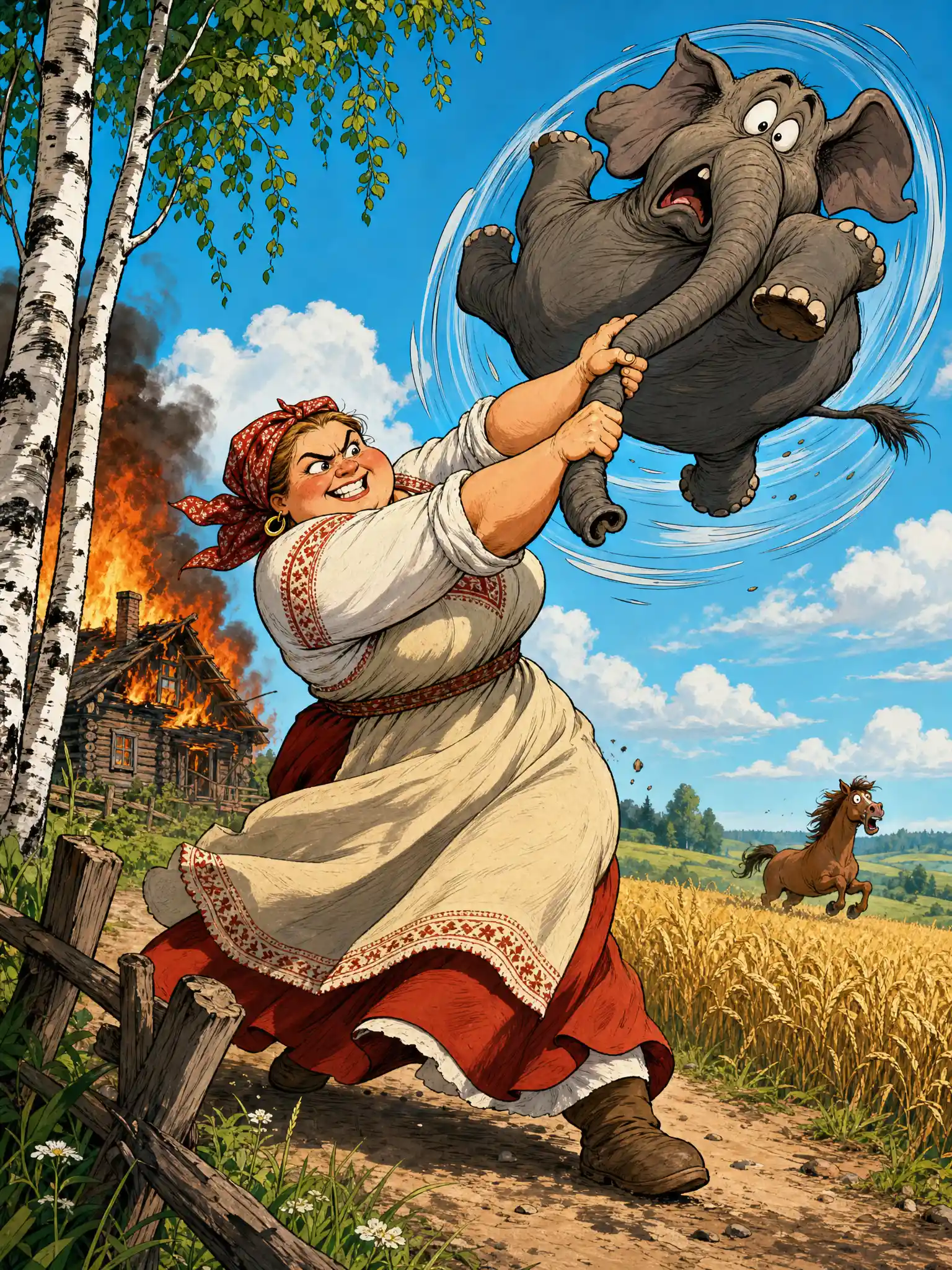 Russian village woman swinging a frightened elephant by its trunk