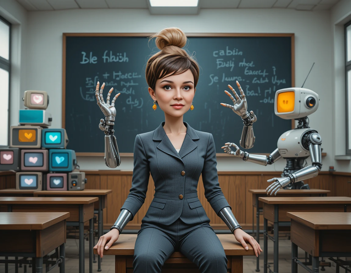 Donna d’affari confusa in aula con robot e monitor