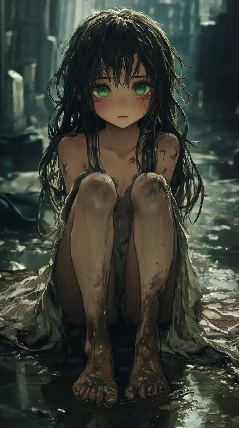 Sad anime girl sitting barefoot in a bleak urban alley