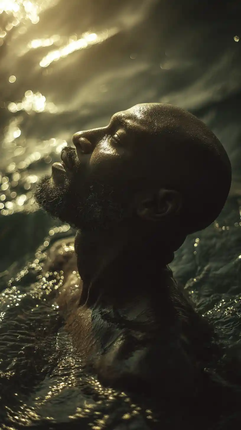 Joyful bald man playing in a surreal rolling ocean