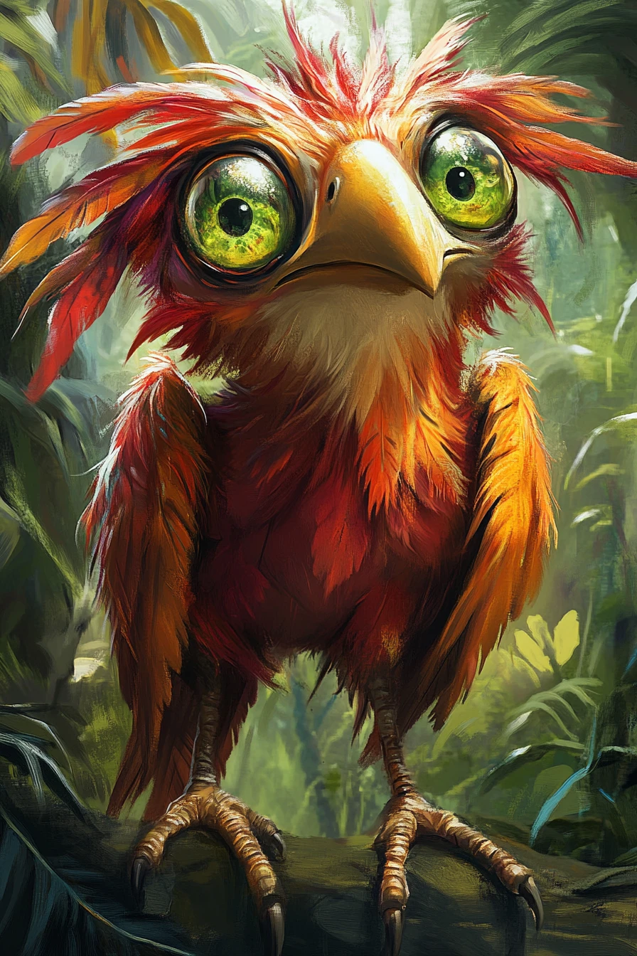 Playful neon fantasy bird leaning forward in forest