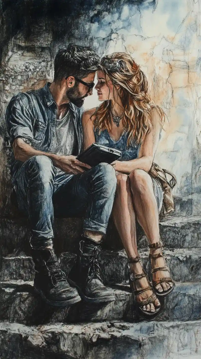 Tender couple on stone steps in color pencil drawing