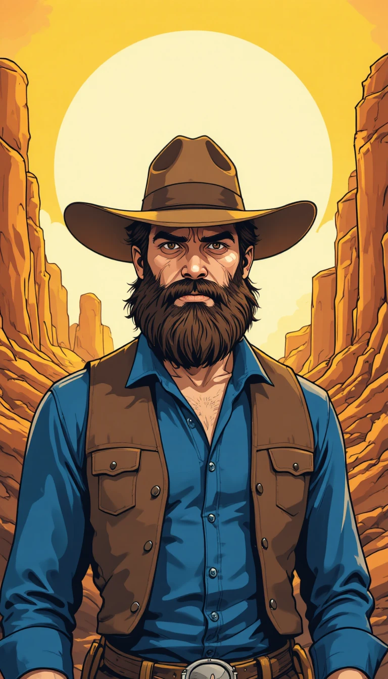 Rugged bearded man in hat against orange rock landscape