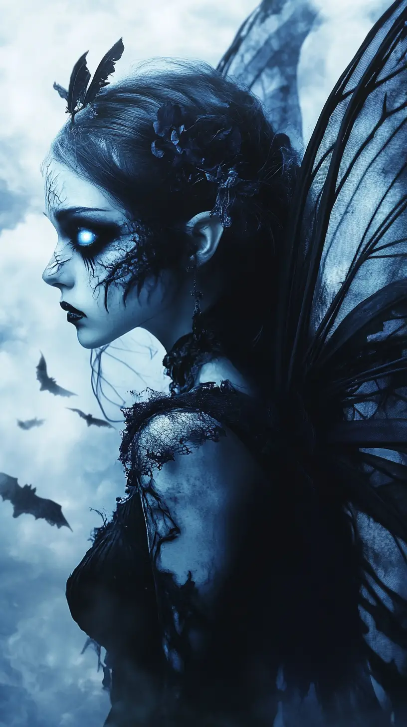 Gothic fairy girl with porcelain skin in moonlit fog