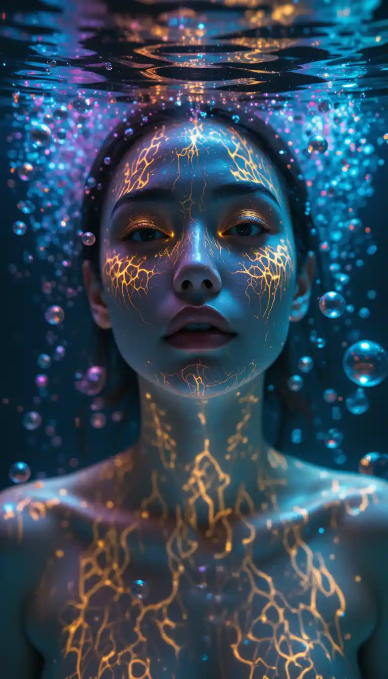 Underwater neon portrait of a woman in shimmering bubbles