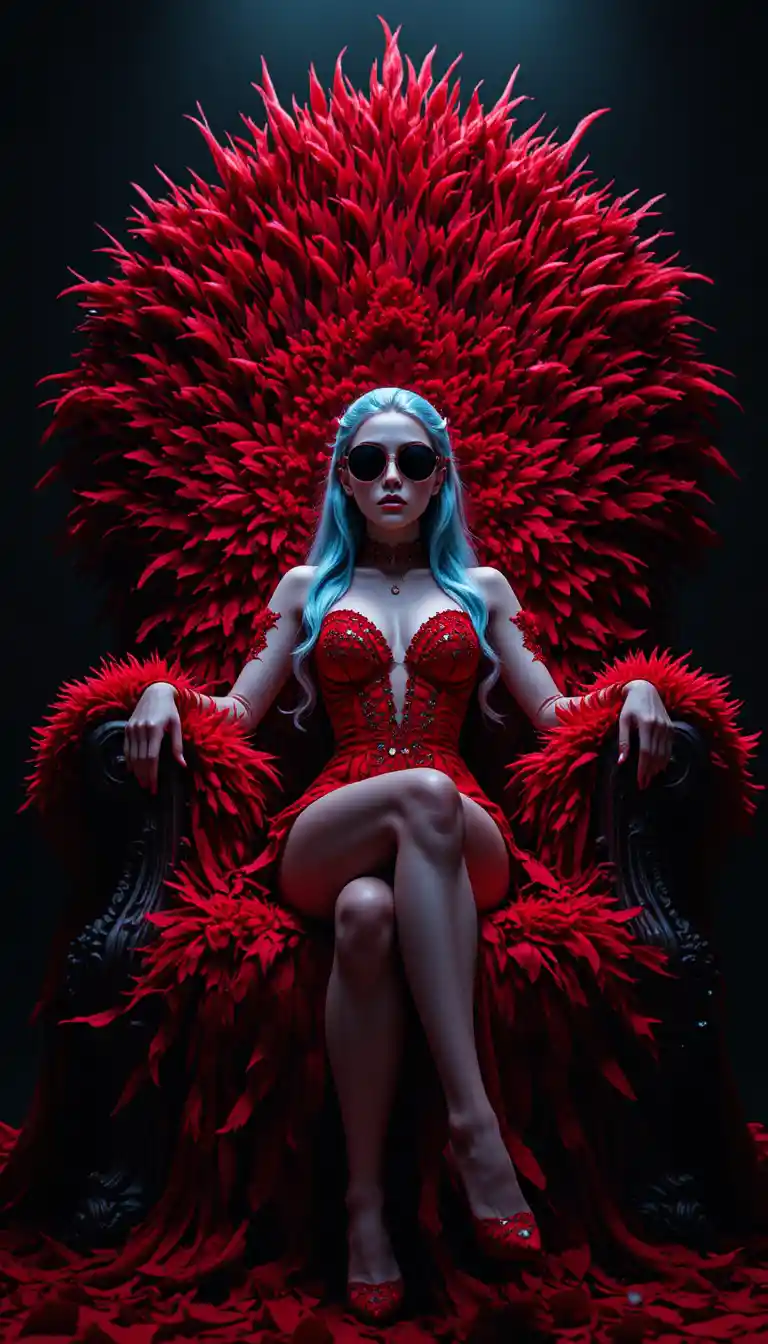 Blue haired girl in red dress on dramatic feathered throne
