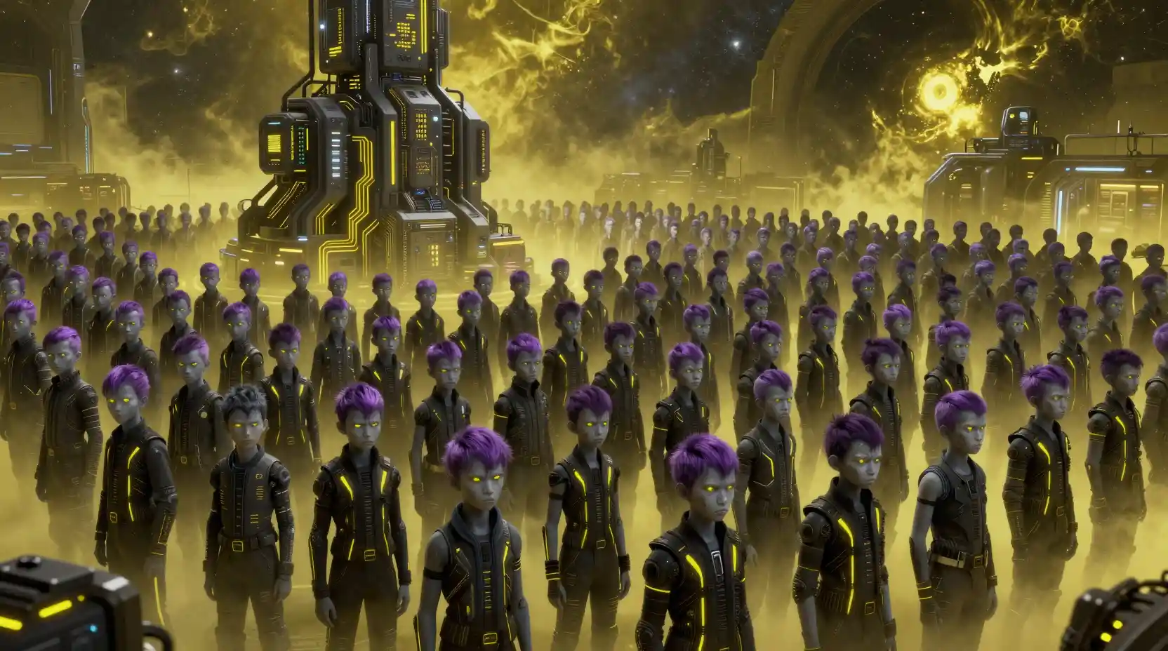 Futuristic Crowd Of Glowing Eyed Teenage Boys In Space