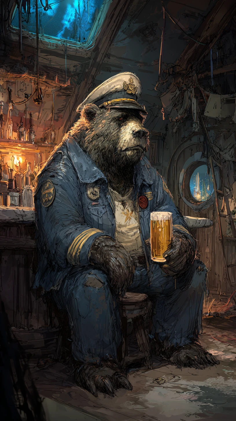 Scruffy bear sea captain drinking beer in harbor bar