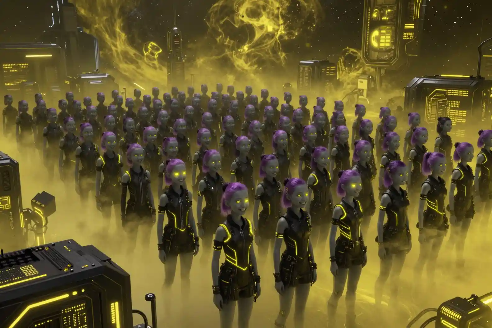 Vasta folla di ragazze adolescenti dalla pelle grigia in uniformi neon sci‑fi
