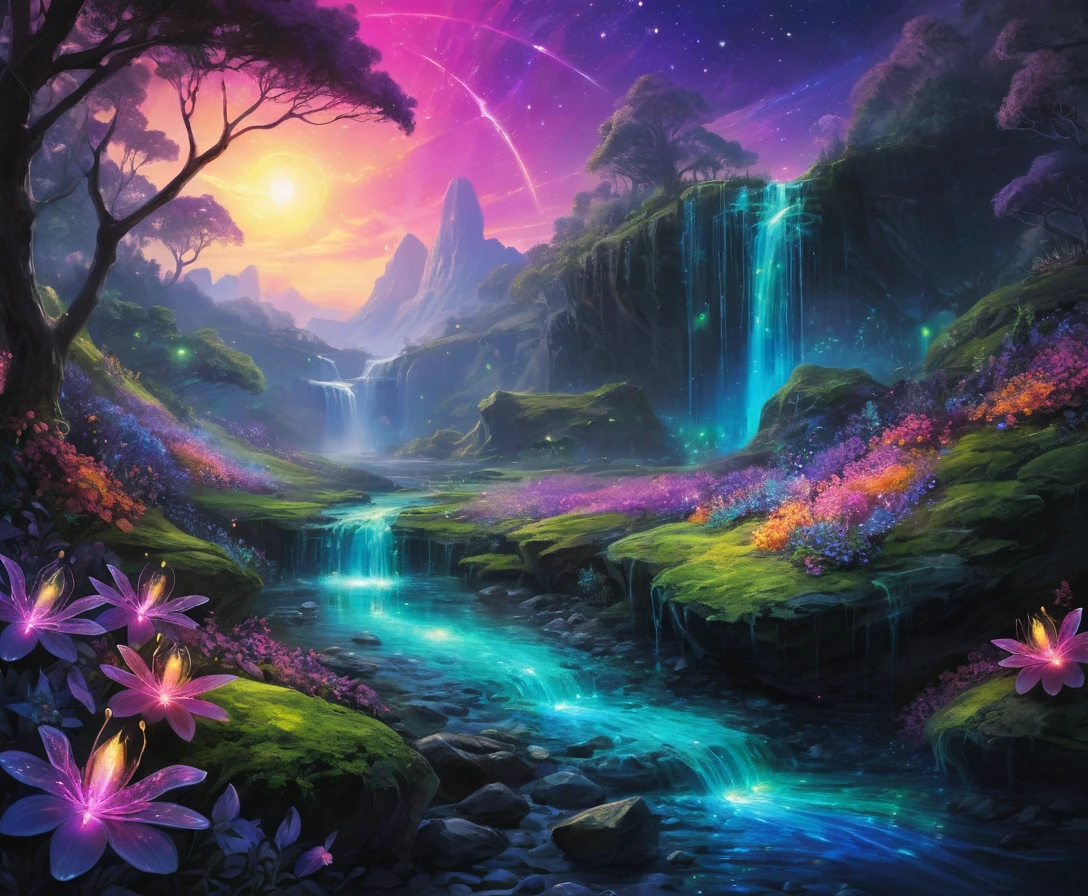 Bioluminescent Stream In A Luminous Fantasy Meadow