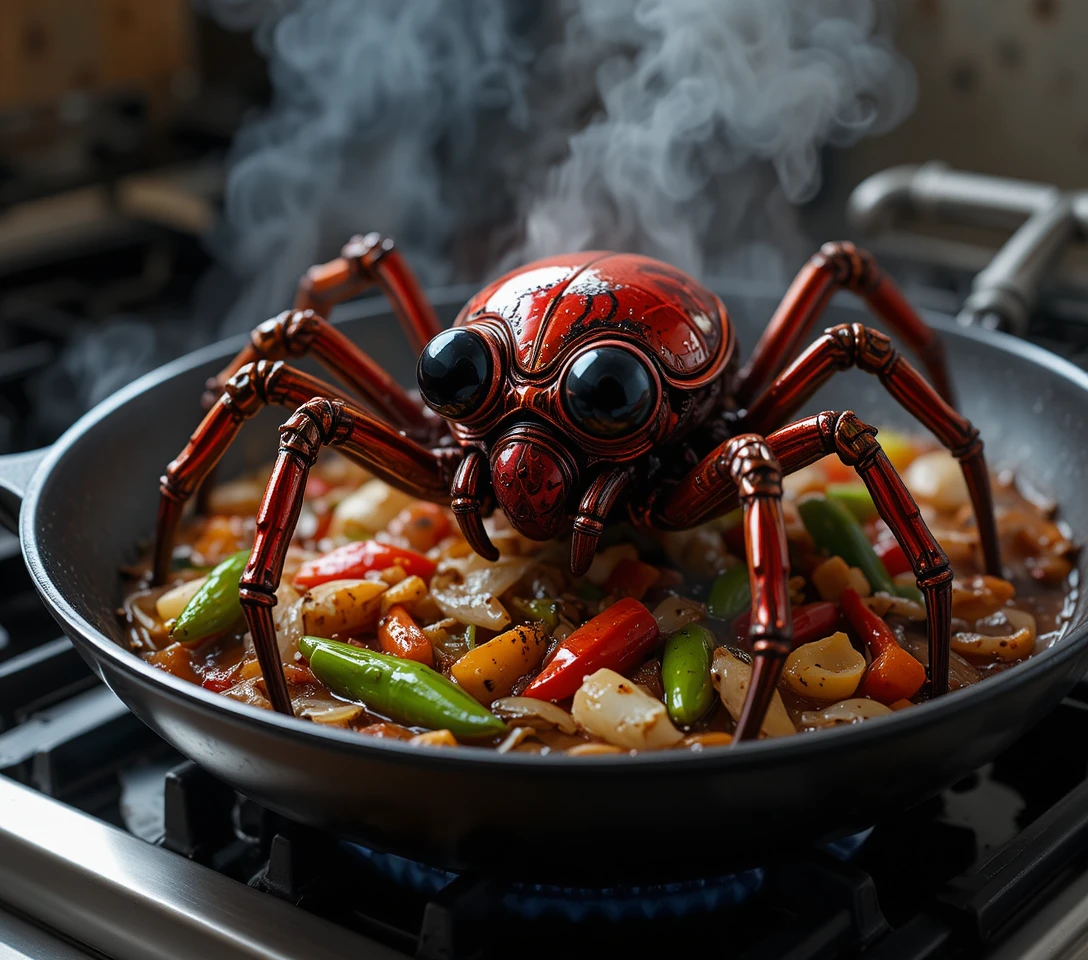 Red metallic spider stir fry with colorful peppers