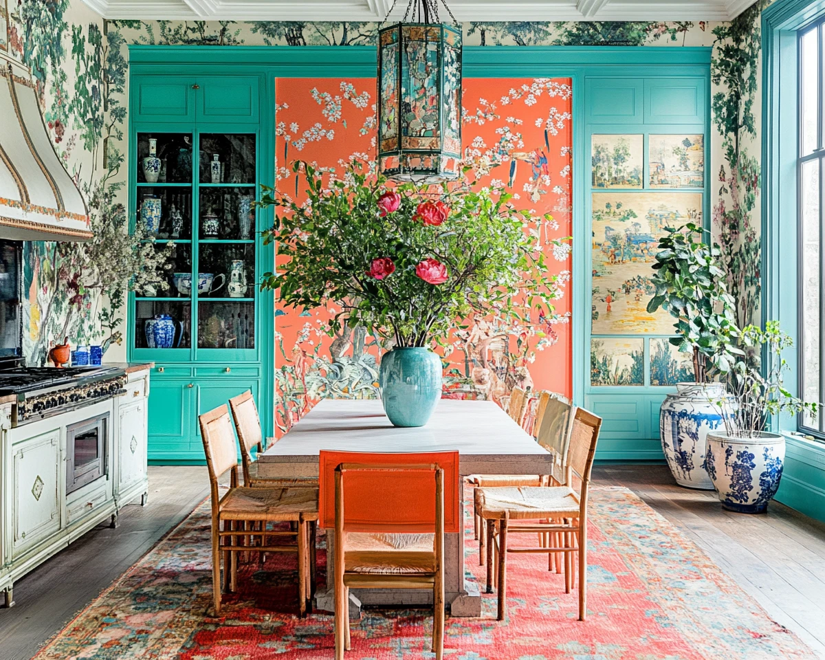 Comedor de estilo chinoiserie colorido con decoración artística