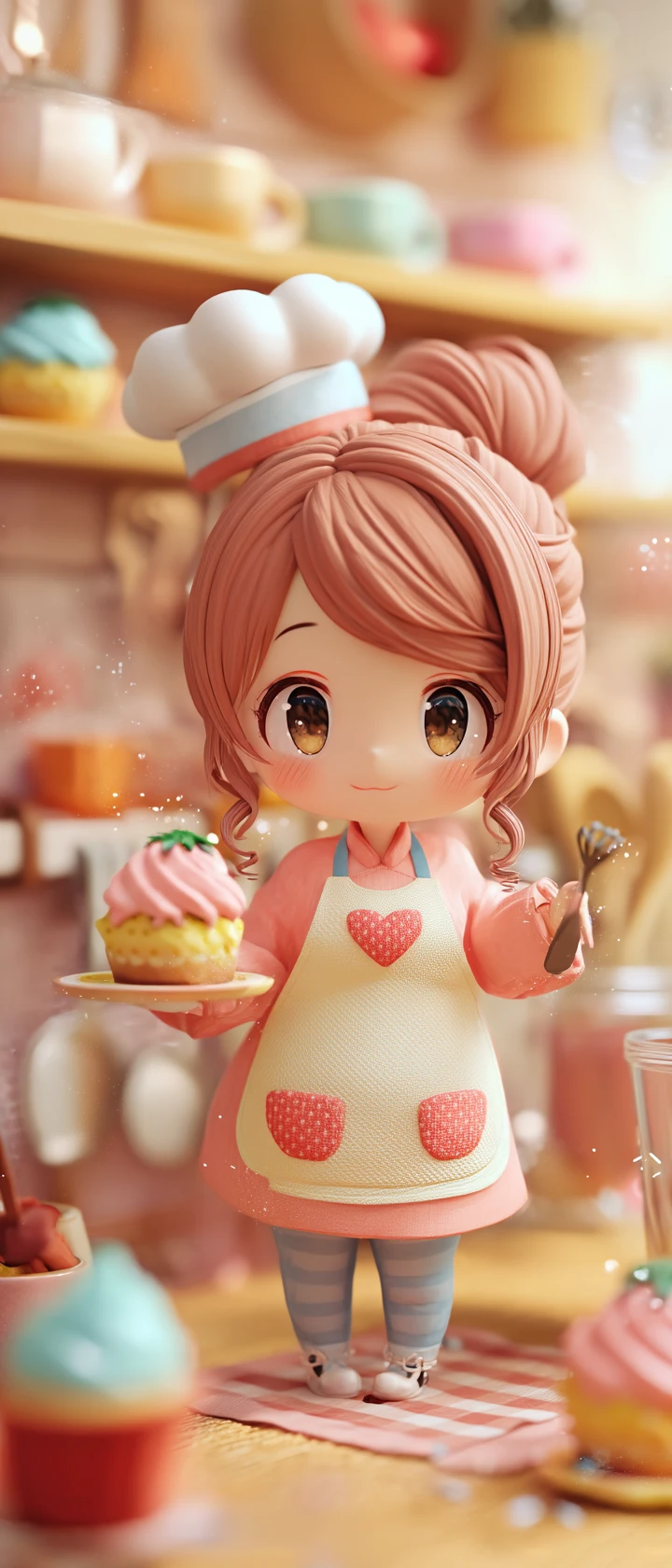 Linda chica chef de anime en una diminuta cocina de fantasía dentro de una taza de té