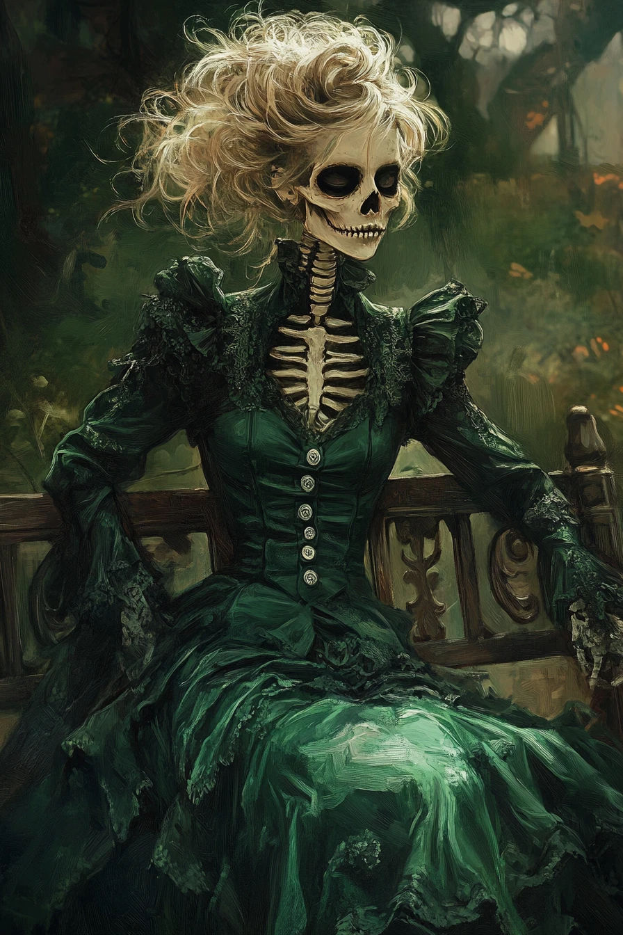 Skeleton girl in green dress sitting on park bench