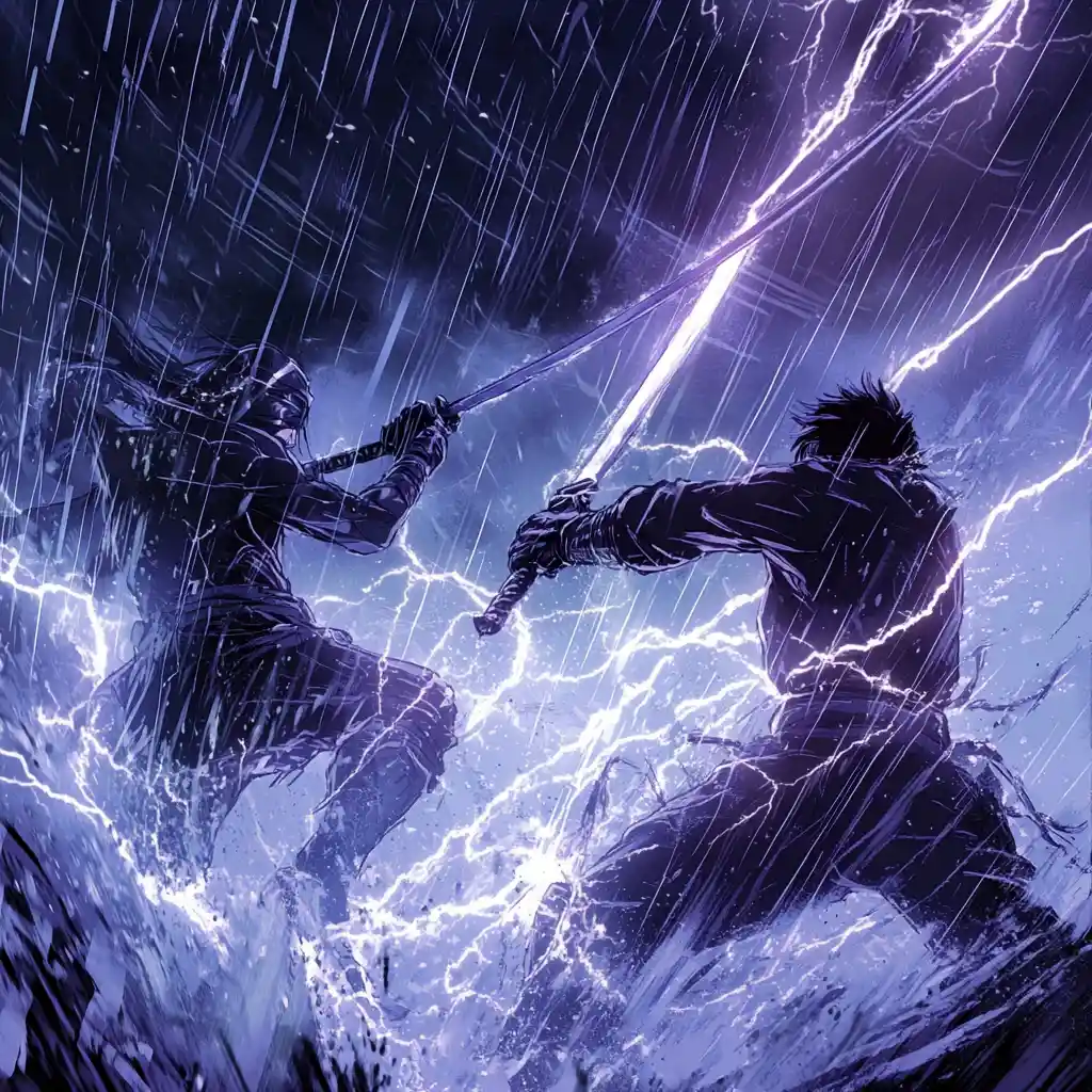 Two anime warriors clash swords in a stormy lightning battle