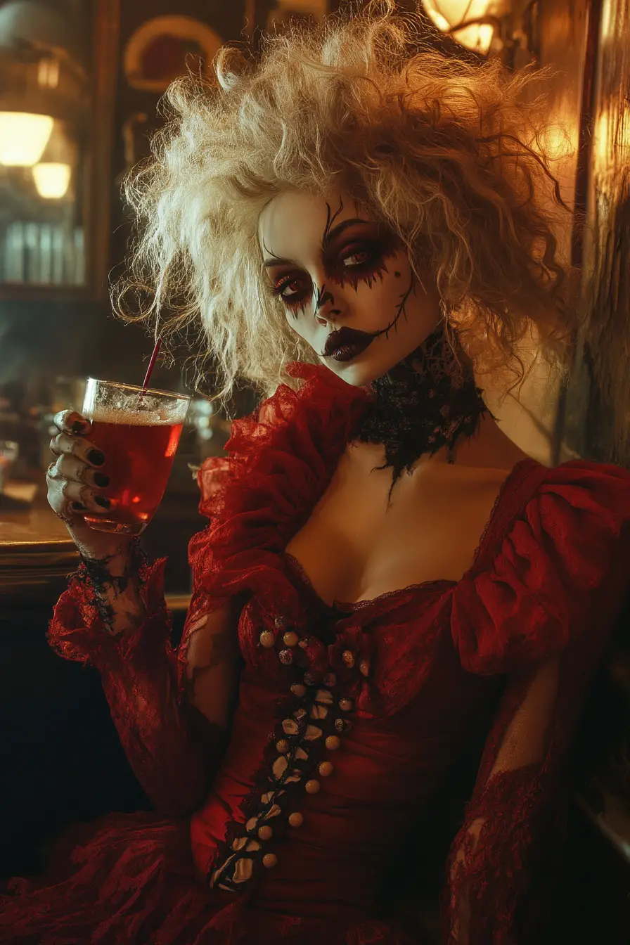 Donna scheletro in abito rosso in una cupa stanza gotica