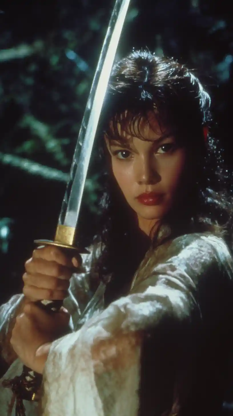 Woman holding a Japanese sword in dramatic cinematic light