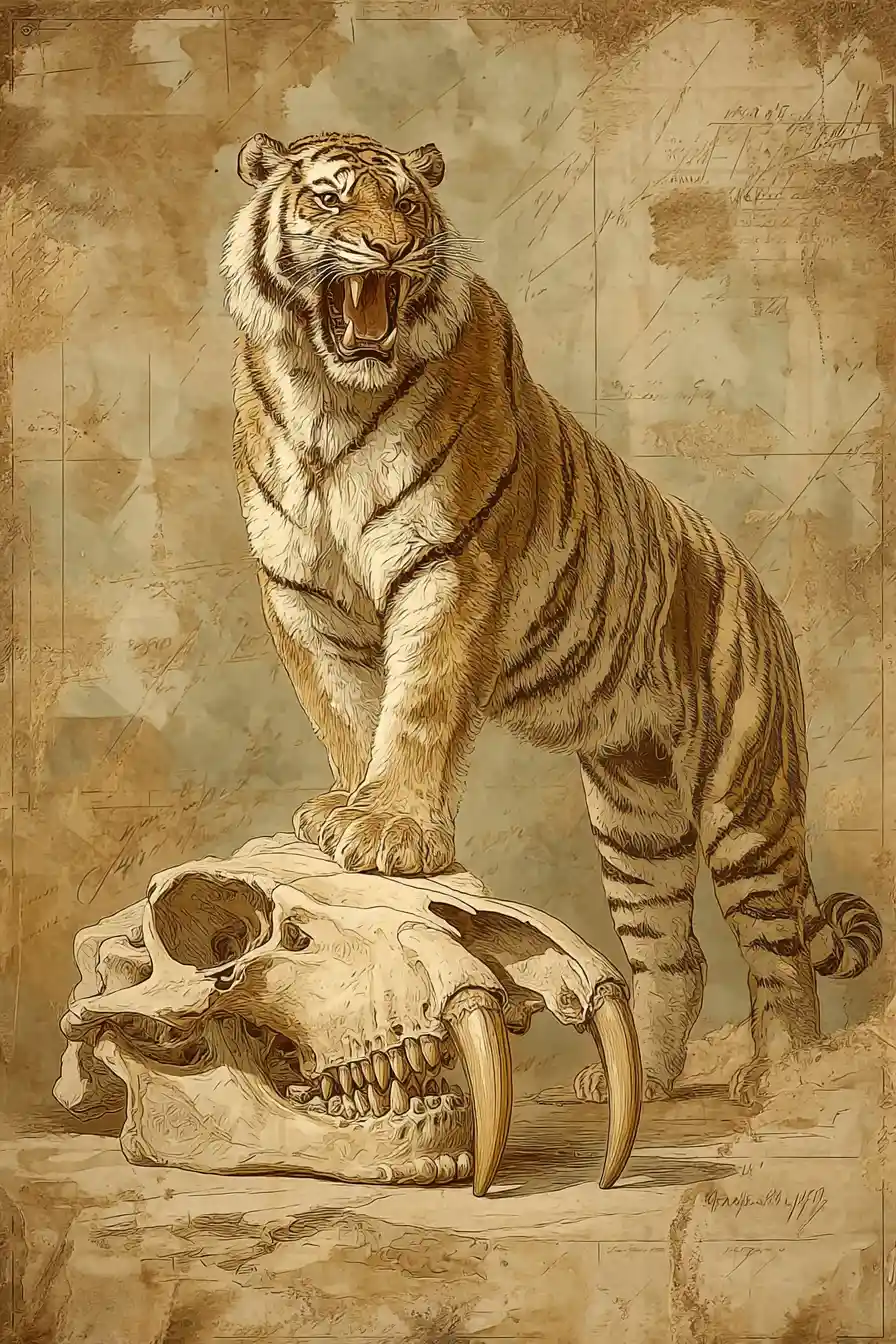 Roaring Tiger Over Ancient Saber Toothed Skull Illustration