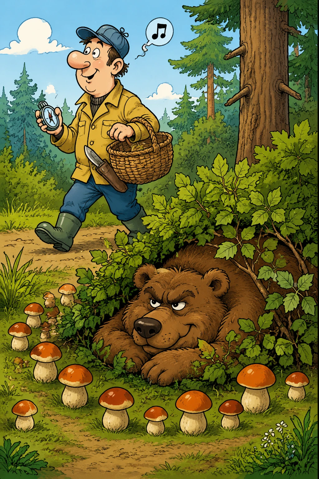 Illustrazione a fumetti giocosa di un orso in attesa nella foresta