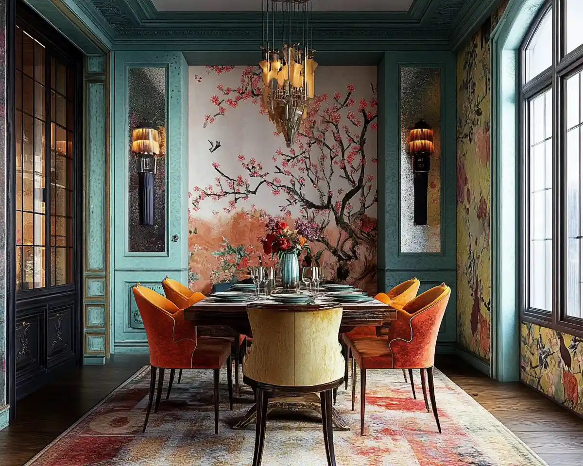 Comedor colorido de estilo chinoiserie con decoración artística