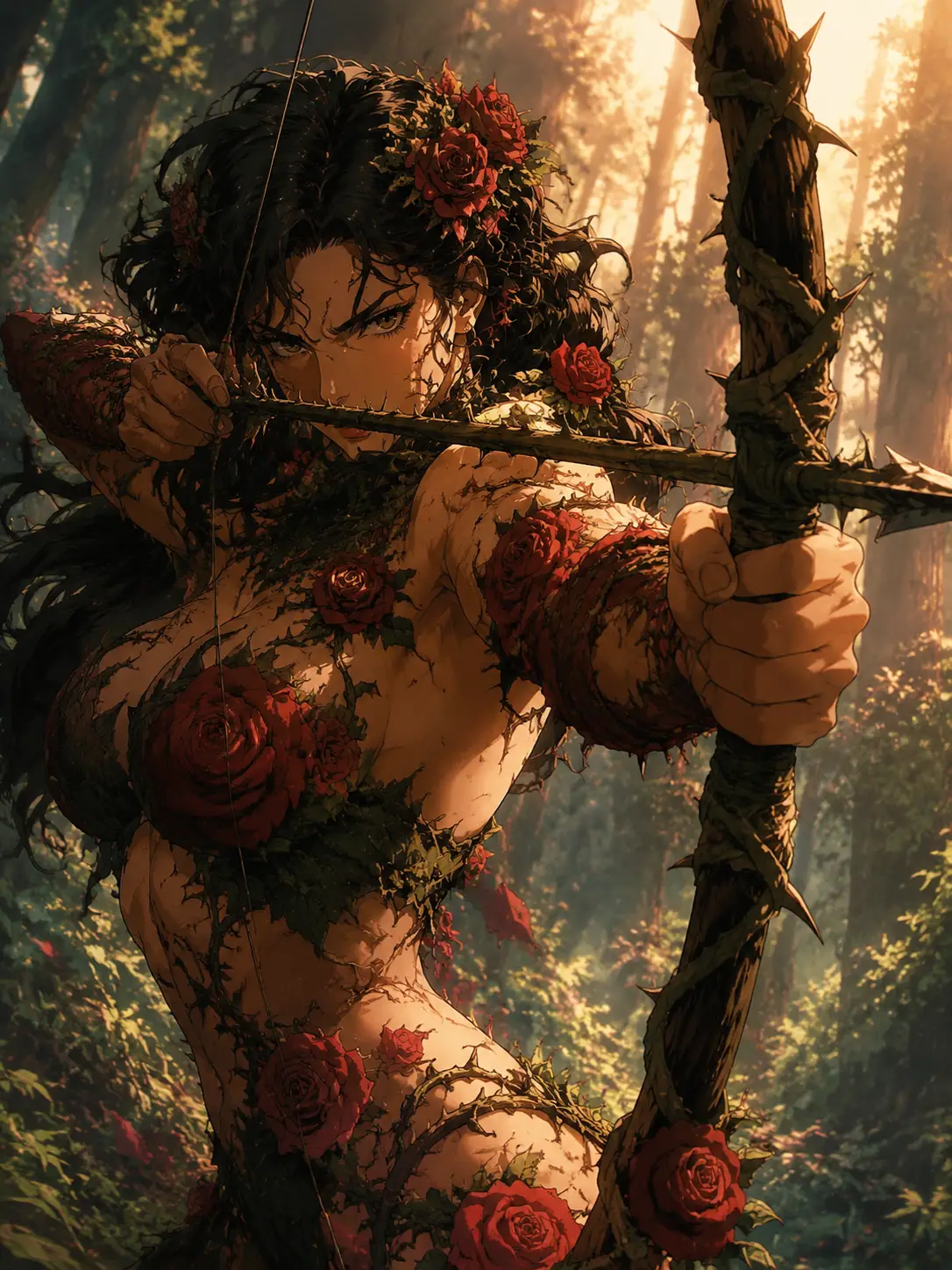 Fantasy huntress with thorn bow in sunlit forest