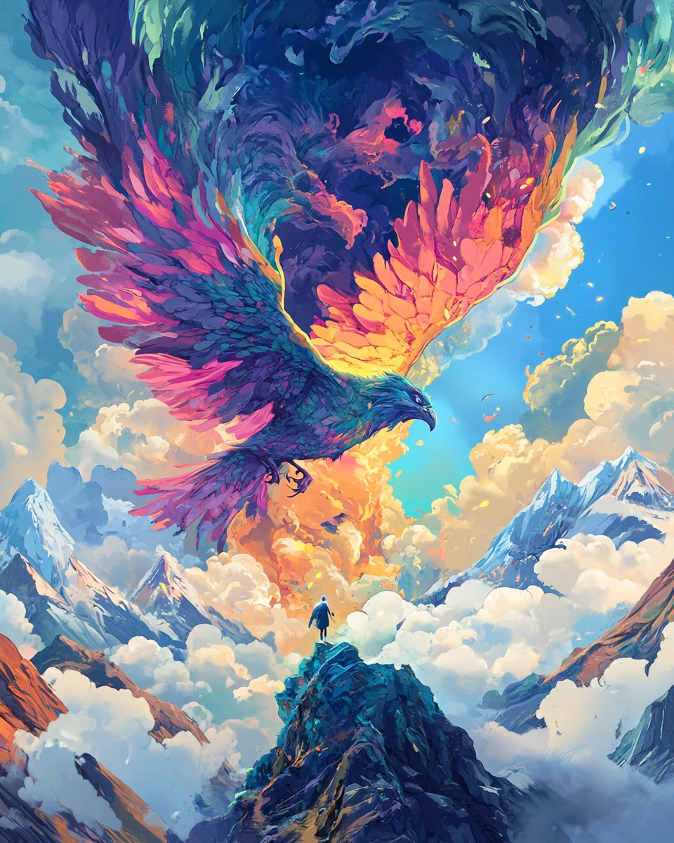 Surreale digitale Illustration eines inneren Kampfes am blauen Himmel