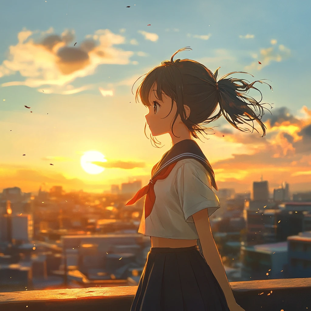 Chica de instituto de anime en la azotea de la ciudad al atardecer de verano