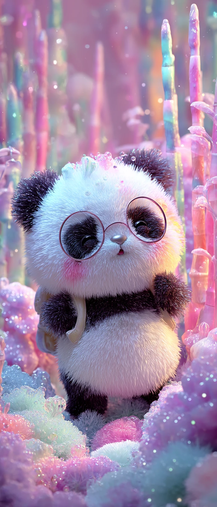 Adorable espíritu de panda anime mordisqueando puentes de bambú brillantes