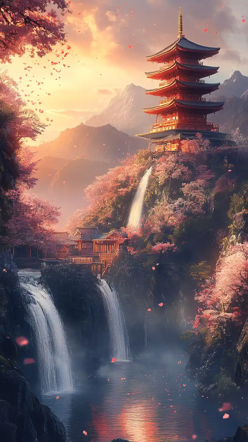 Japanese pagoda and teahouse beside cascading mountain waterfalls