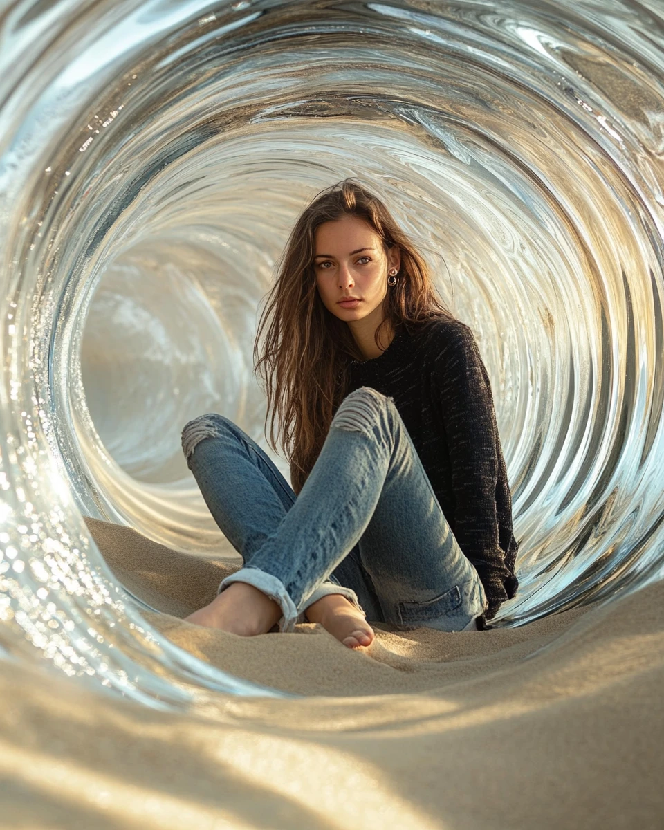 Mujer diminuta en arte surrealista de arena sobre carretera del desierto al atardecer