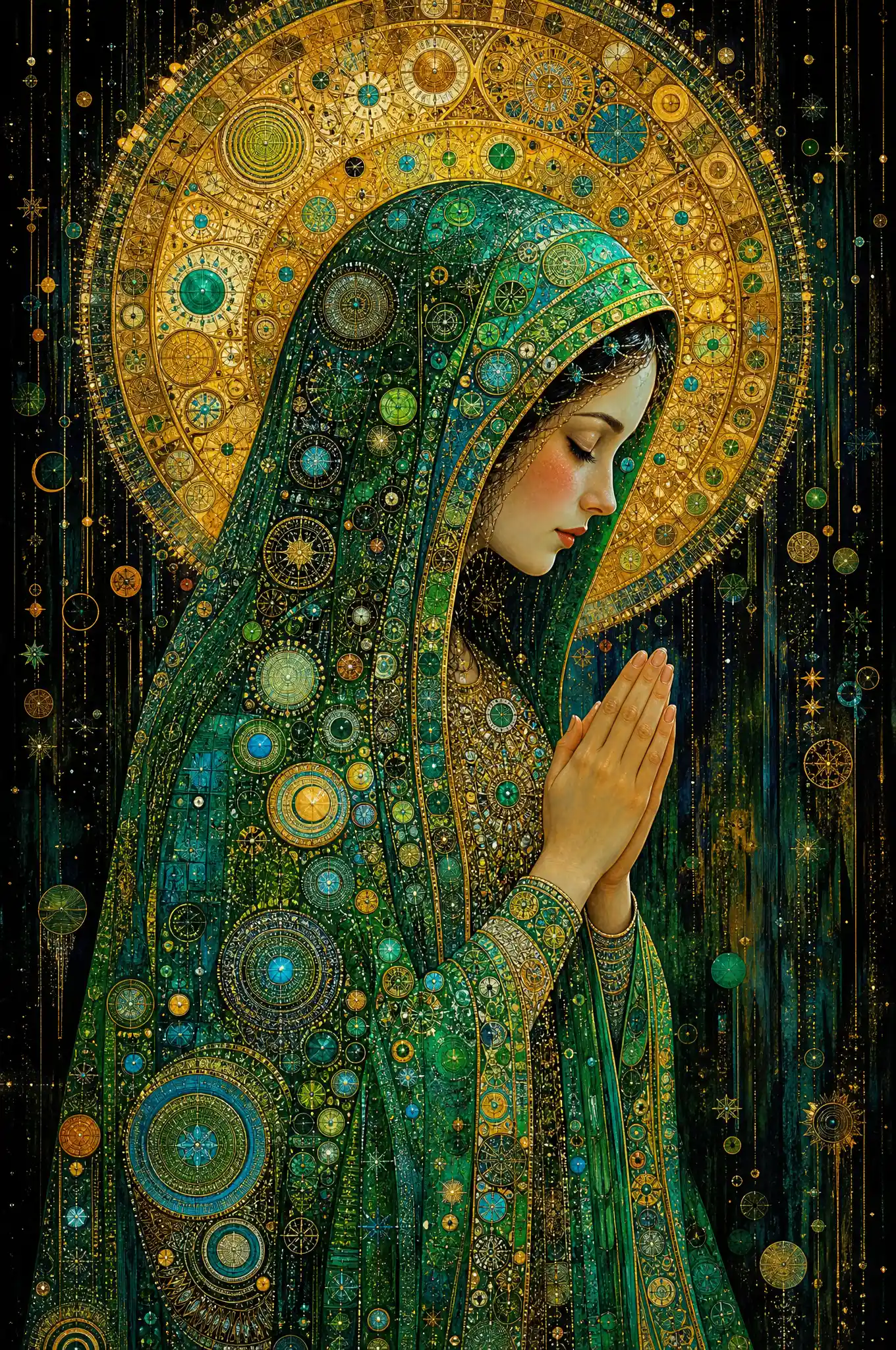 Praying woman in jeweled halo with luminous mosaic robes