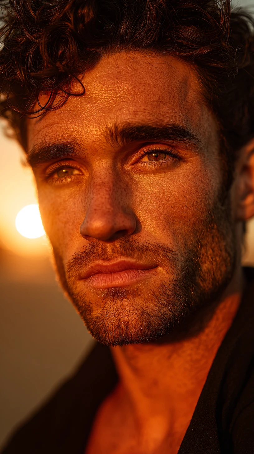Golden hour close up portrait of a thoughtful man