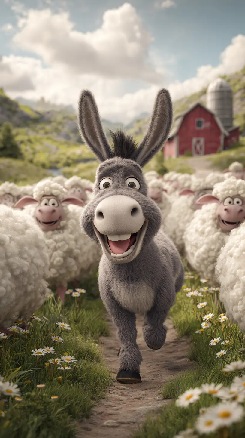 Smiling donkey leading happy sheep on a green farm path