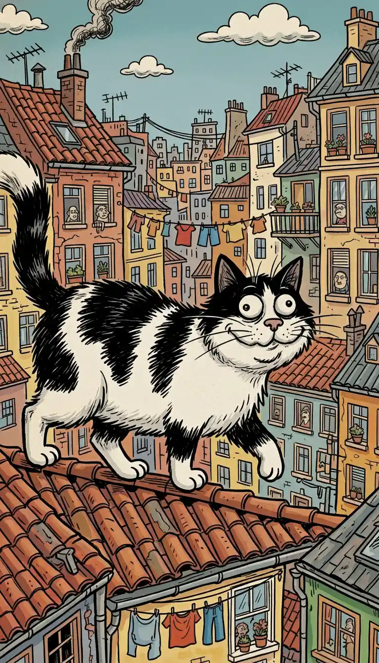 Cheeky cartoon cat walking along colorful city rooftops