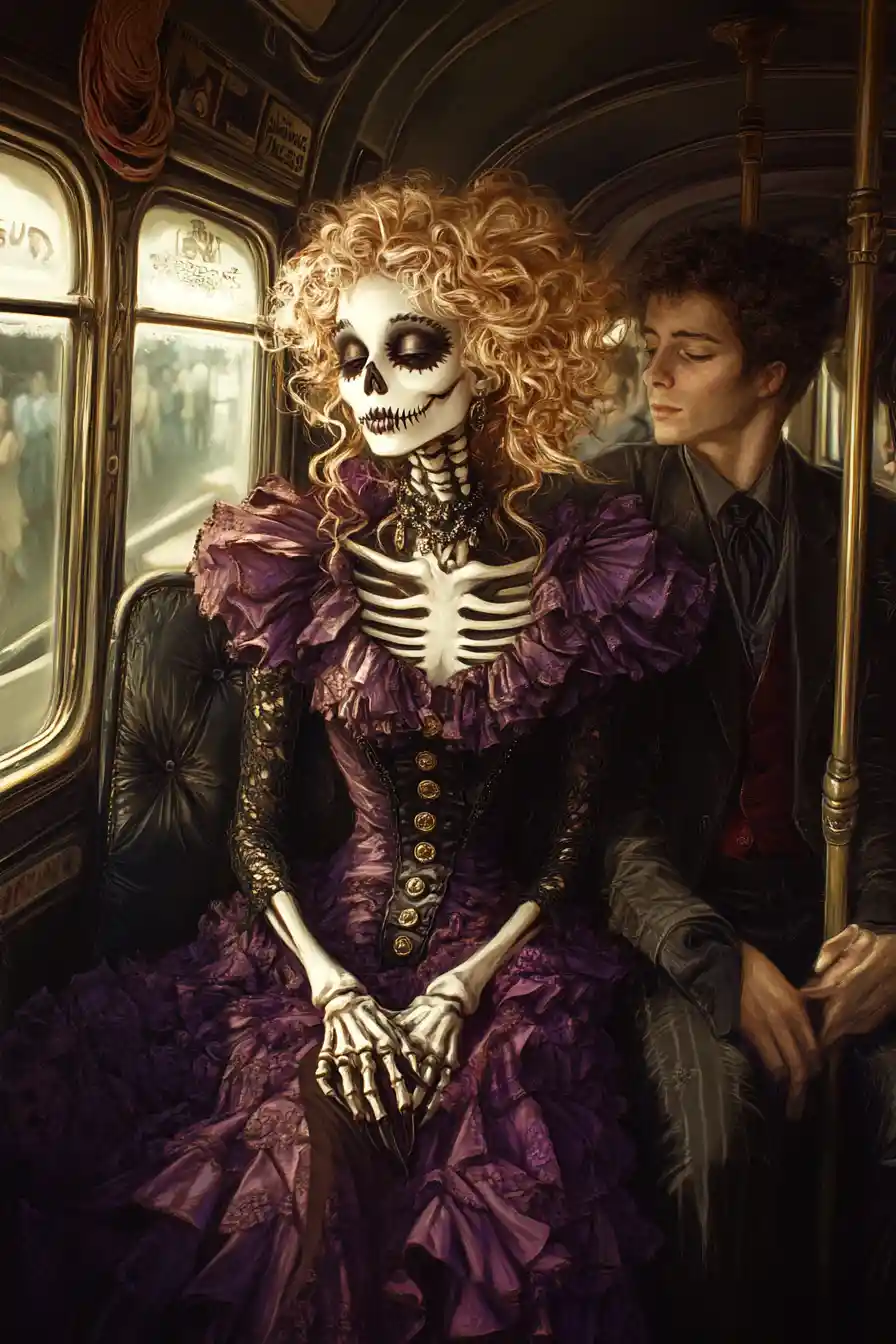Spooky Skeleton Chick In Violet Dress On Gothic Bus
