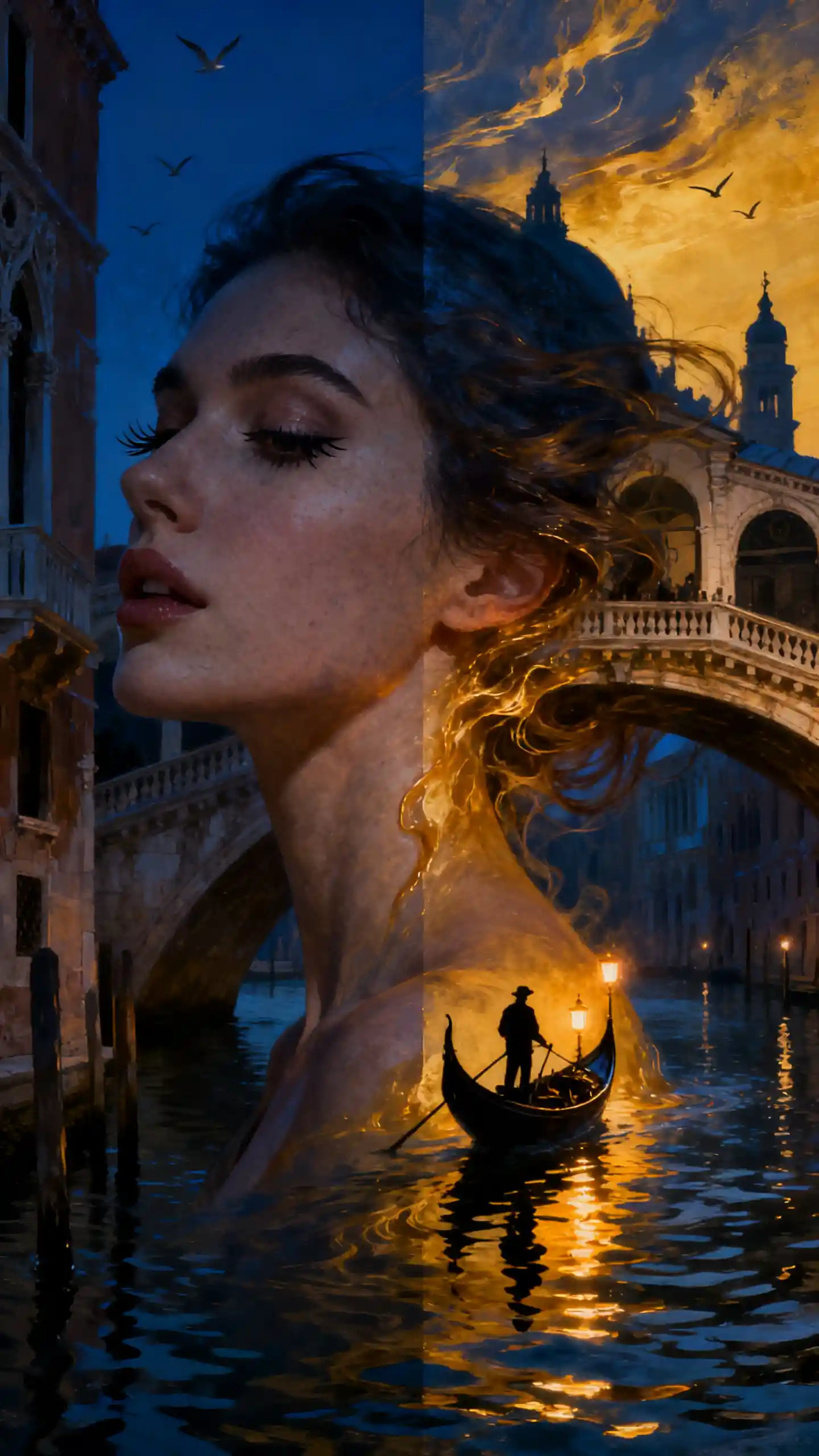Surreal female profile merging into glowing night cityscape