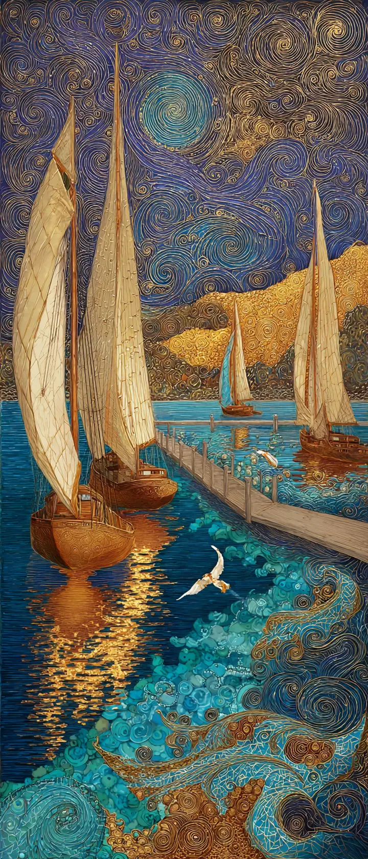 Surreal Harbor Painting With Gilded Sea And Stormy Sky