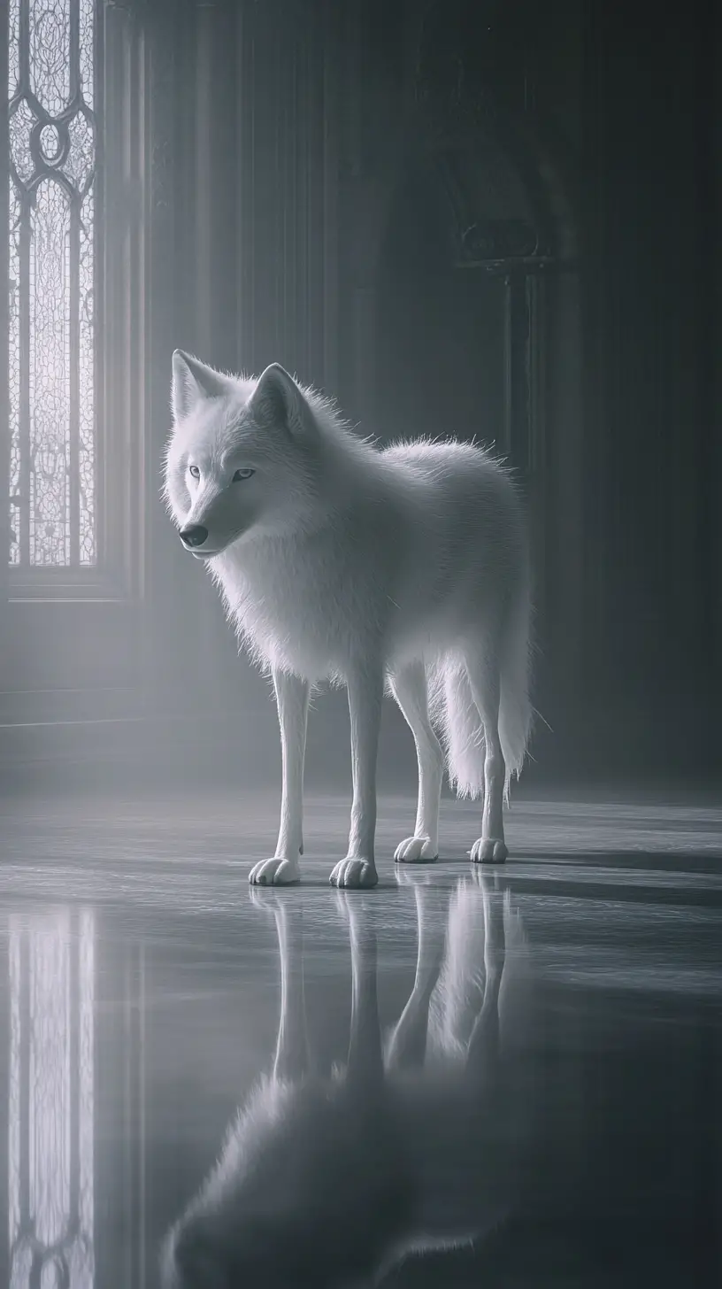 Elegant glowing wolf posing in a minimalist interior