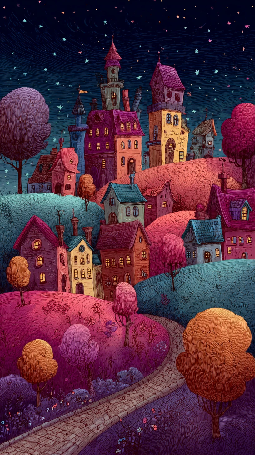 Ilustración de Pueblo Nocturno Fantasioso en Colinas Ondulantes
