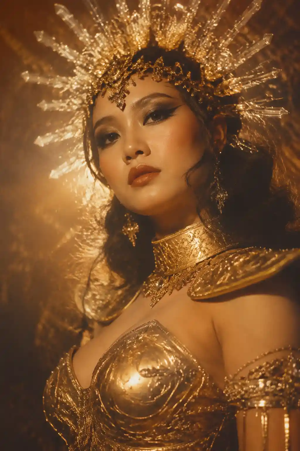1970s style portrait of woman in gold armor and headdress