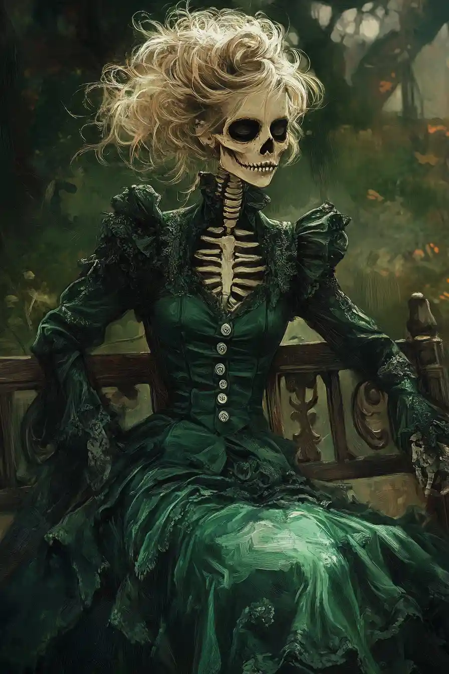 Skeleton girl in green dress sitting on park bench