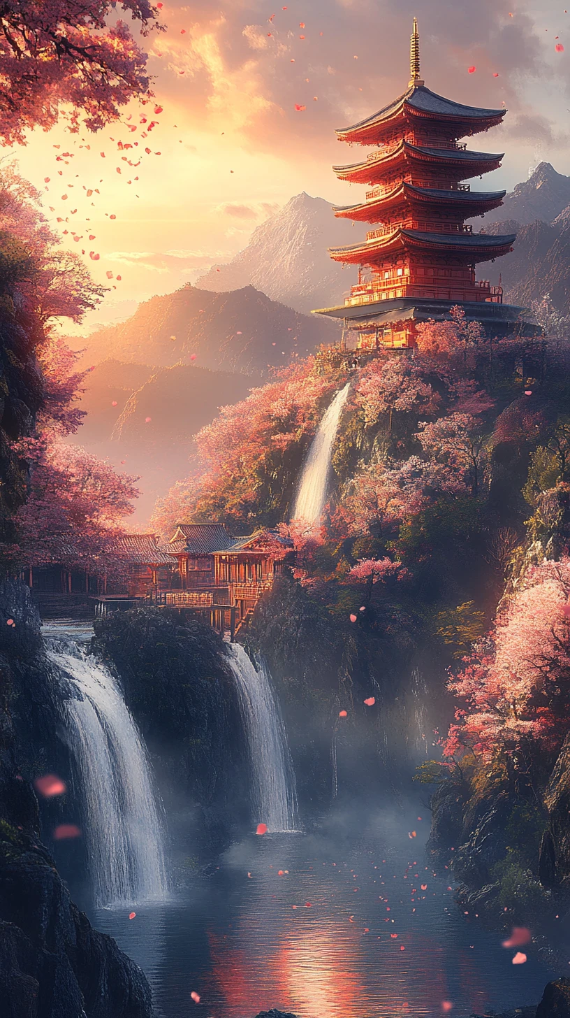 Japanese pagoda and teahouse beside cascading mountain waterfalls