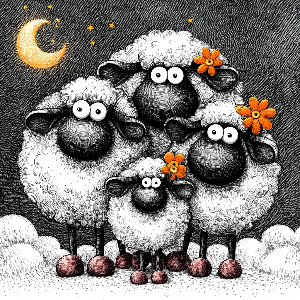 Cute cartoon sheep under a starry night sky