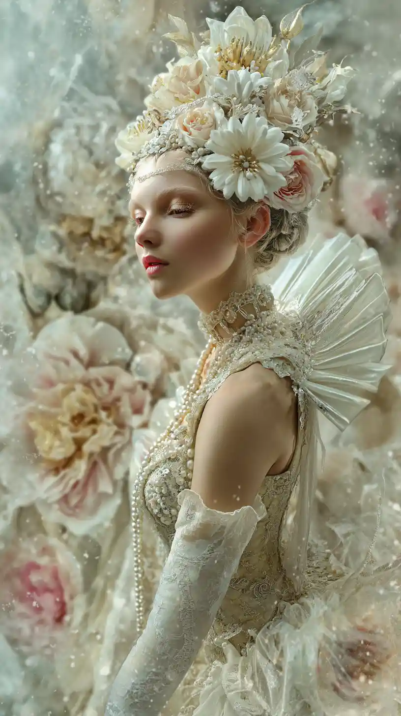 Elegant pearl princess with pastel flowers and lace sleeves
