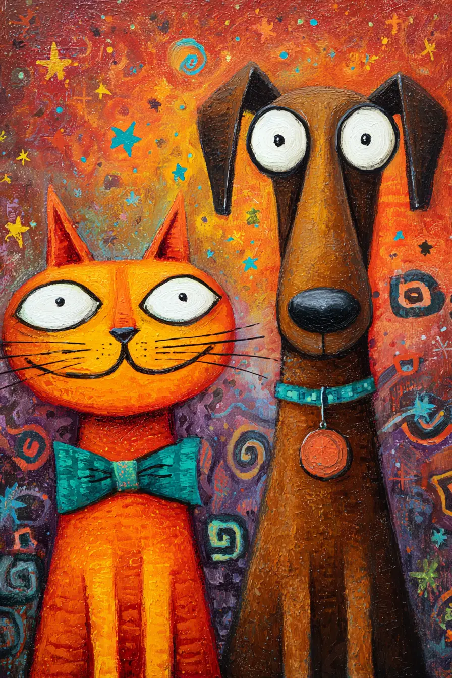 Whimsical orange cat and dog in a starry fantasy scene